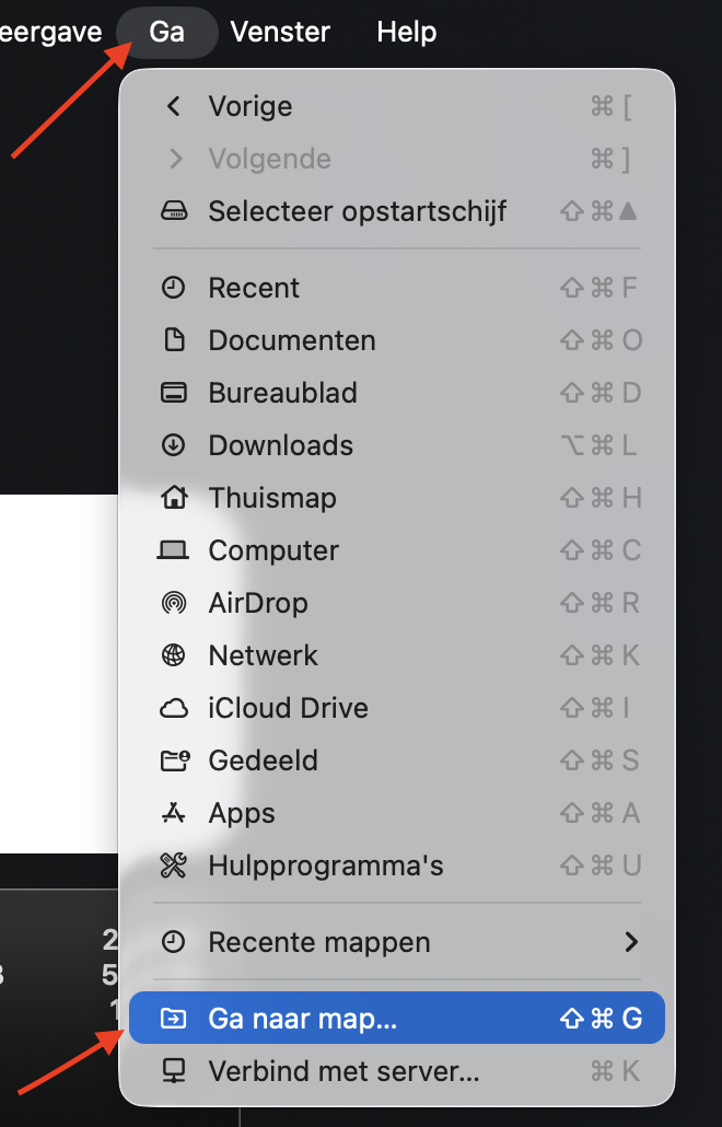 Finder op de Mac toont het menu ‘Ga’. Klik op ‘Ga naar map’ om de locatie van een logmap in te voeren.