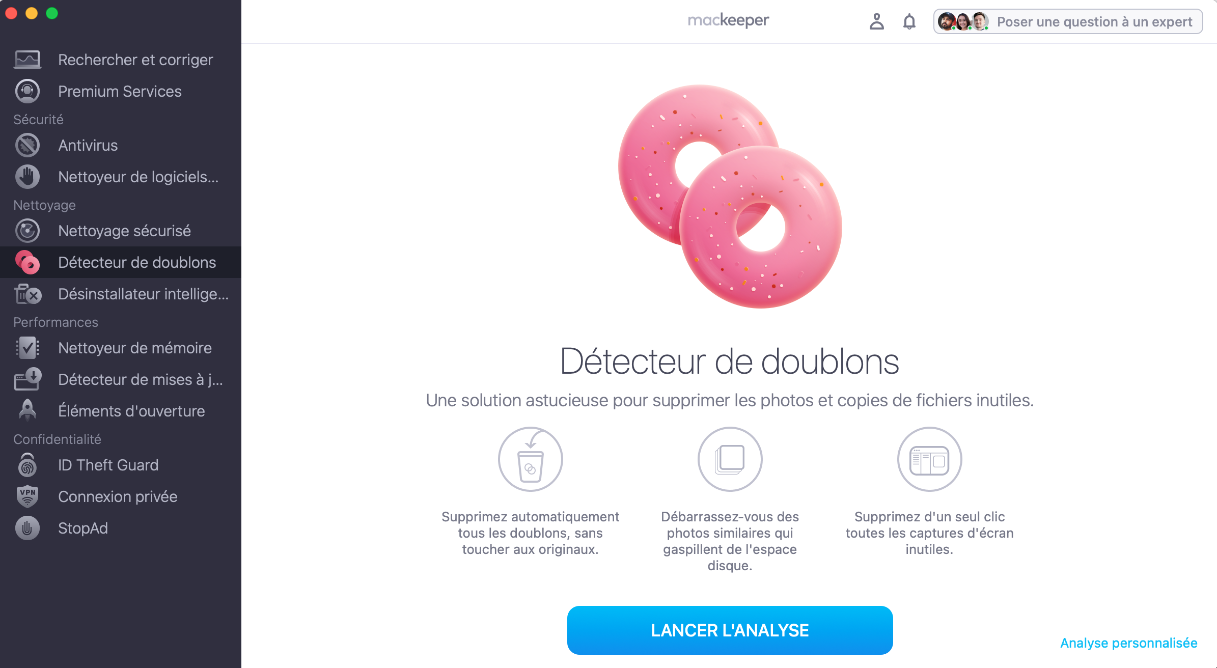 Pour supprimer vos photos en double sur Mac, ouvrez l'application MacKeeper et sélectionnez Détecteur de doublons dans le menu latéral. Cliquez ensuite sur Lancer l'analyse pour trouver tous les fichiers en double sur votre Mac.