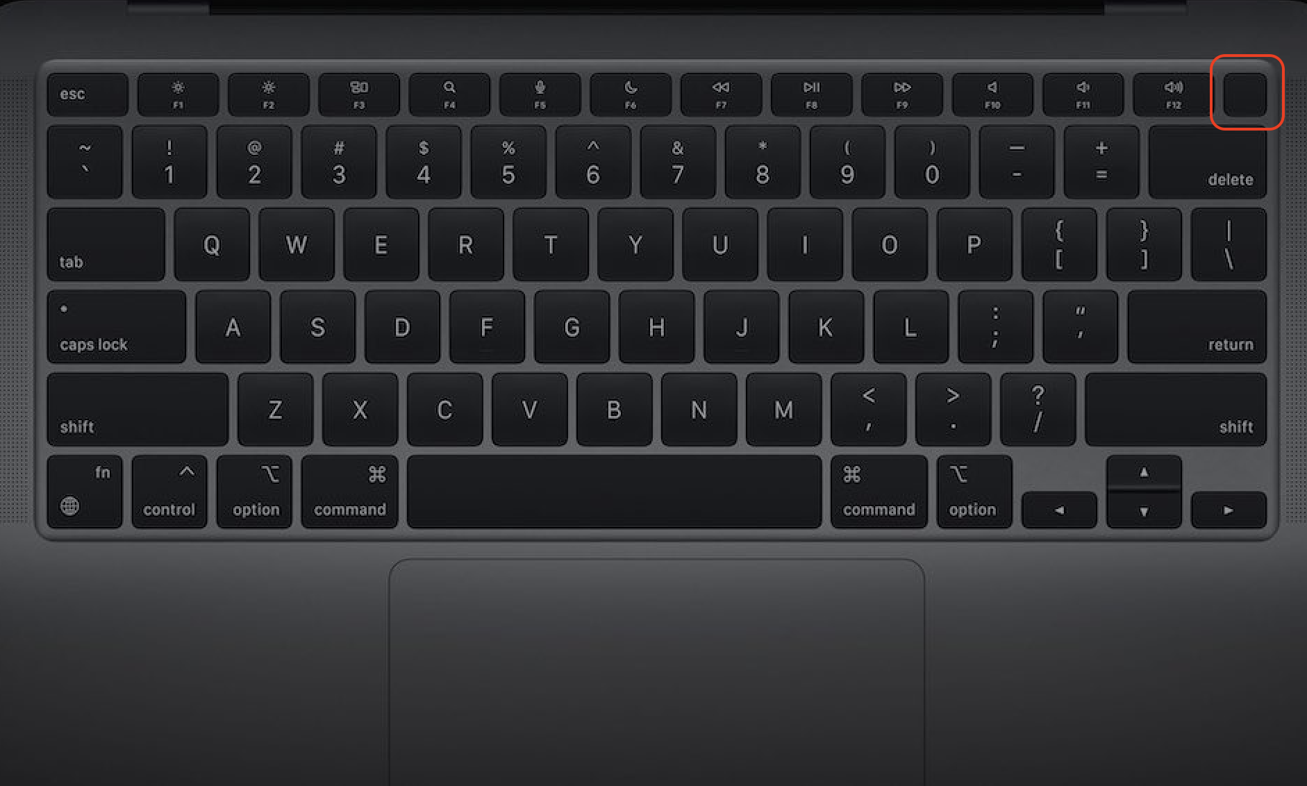 Eine Mac-Tastatur mit der hervorgehobenen Ein-/Aus-Taste. Drücken Sie die Ein-/Aus-Taste, um Ihren Computer einzuschalten.