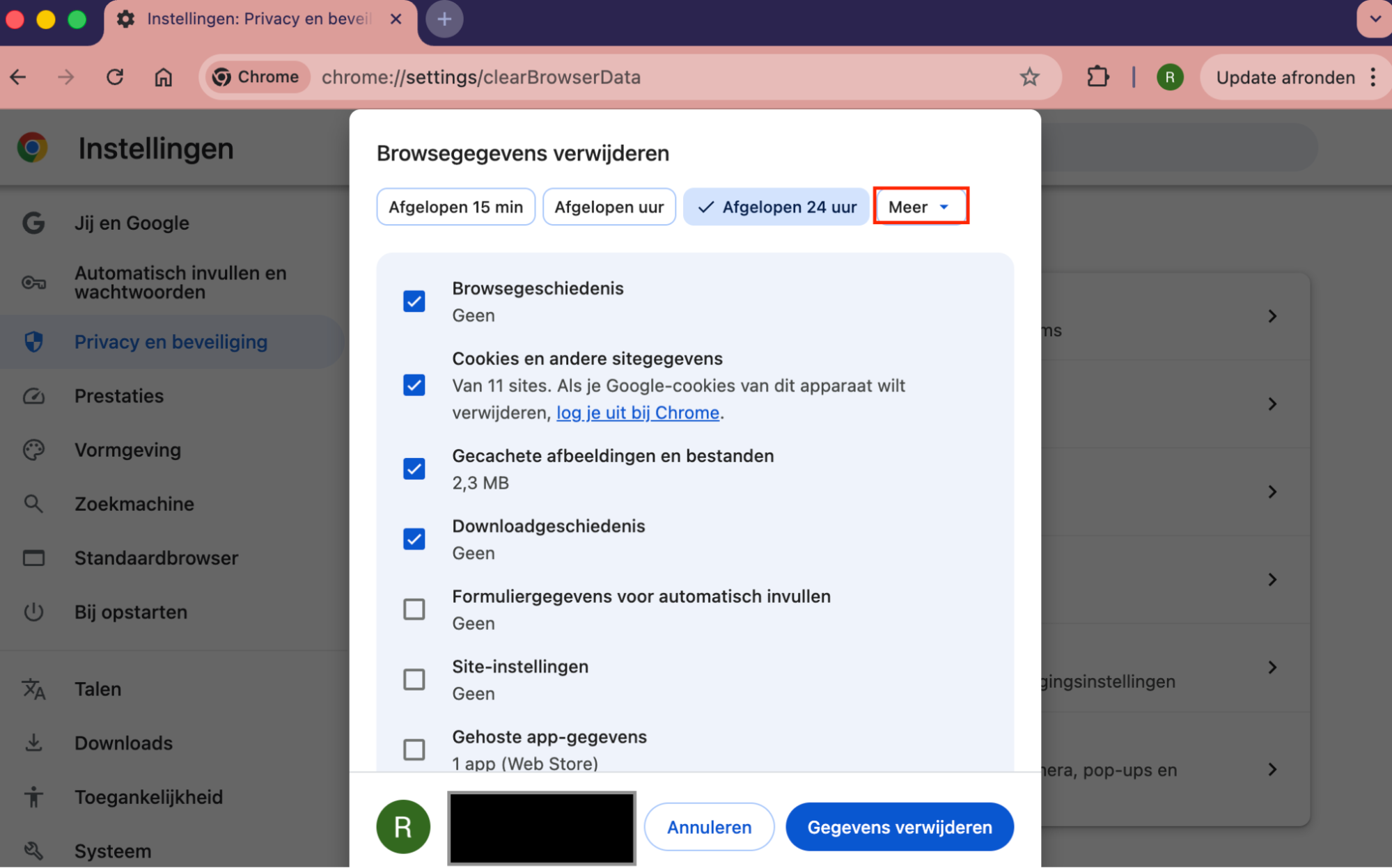 Het dialoogvenster Browsegegevens wissen van Chrome, met de geavanceerde opties weergegeven. Hoe je Chrome reset, als onderdeel van een handleiding over hoe je valse McAfee pop-ups kunt stoppen op Mac.
