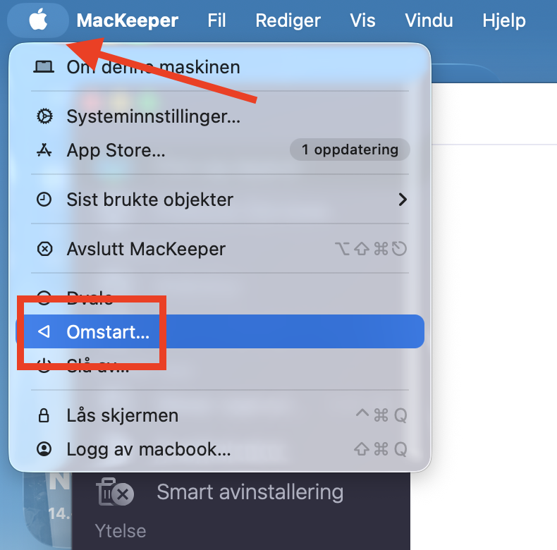 Alternativene i Apple-menylinjen på Mac. Når en ekstern harddisk ikke gjenkjennes, er det første trinnet å starte Macen på nytt for å se om det løser problemet.