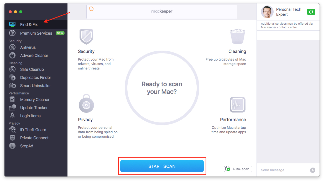find & fix feature with the start scan button highlighted find & fix feature with the start scan button highlighted