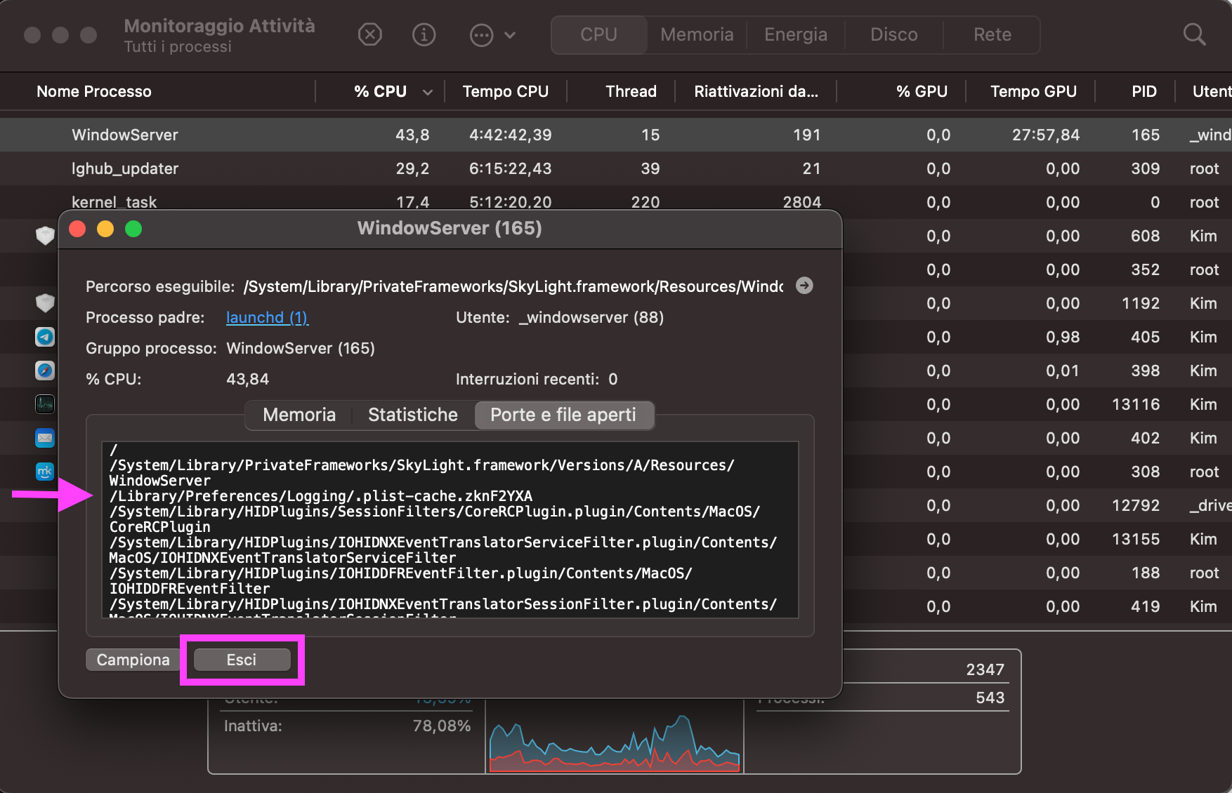 Annota il percorso del file indicato in alto nel processo: così, quando torni nel Finder per eliminare i file associati, saprai dove trovarli.