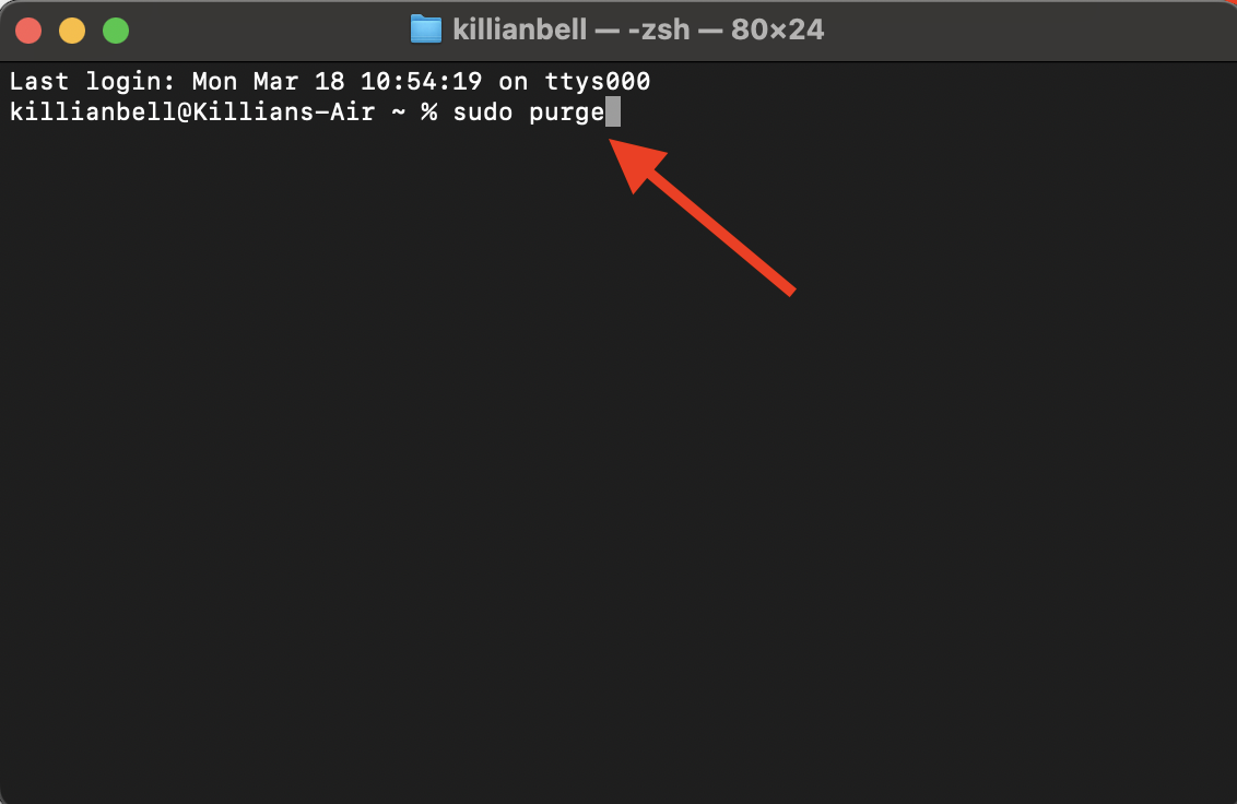 Terminal on Mac with the command line prompt. Enter the sudo purge command, then press enter to clear RAM on your Mac. Terminal on Mac with the command line prompt. Enter the sudo purge command, then press enter to clear RAM on your Mac.