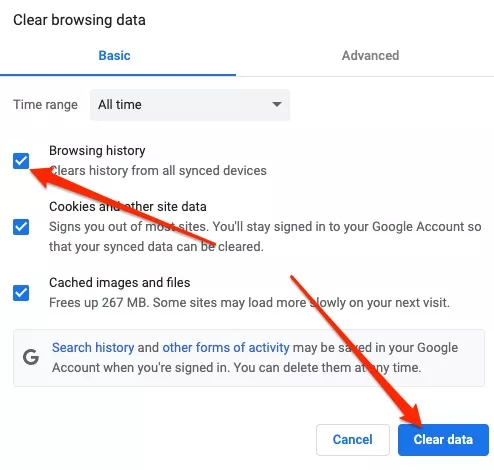 Clear browsing history in chrome