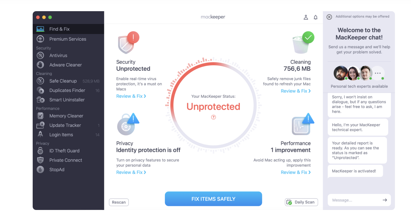 If MacKeeper identifies issues with your computer, you can select Fix Items Safely. Doing this will automate the clearout process. If MacKeeper identifies issues with your computer, you can select Fix Items Safely. Doing this will automate the clearout process.
