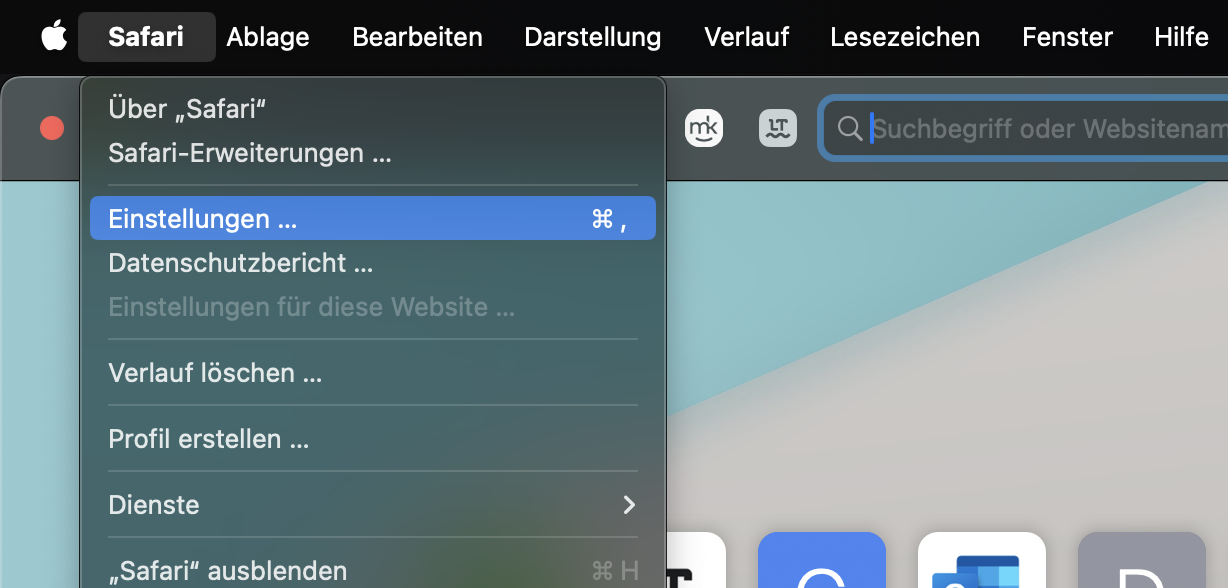 Das Safari-Menü auf dem Mac. Klicken Sie auf Einstellungen, um die Safari-Einstellungen zu öffnen und unerwünschte Erweiterungen loszuwerden.