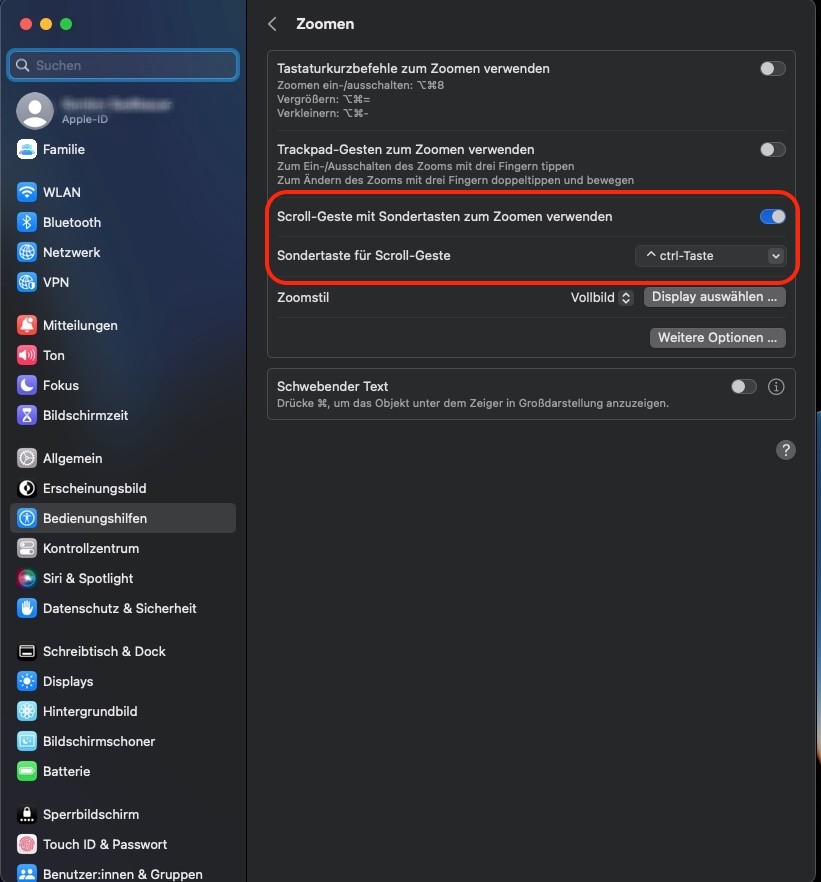 Auf dem Mac Scoll-Geste mit Sondertasten zum Zoomen verwenden
