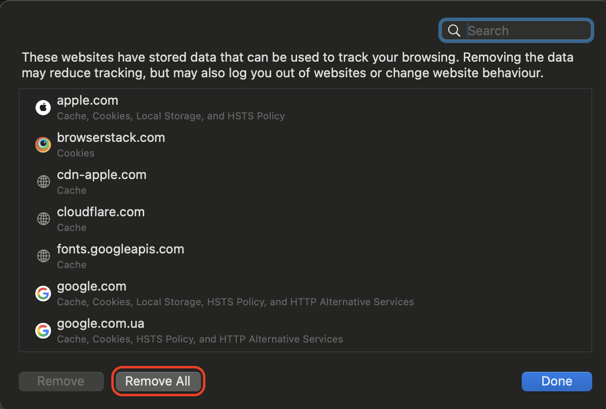 Select Remove All to clear accumulated website data and improve Safari's performance by eliminating cached files that may be stressing your Mac.