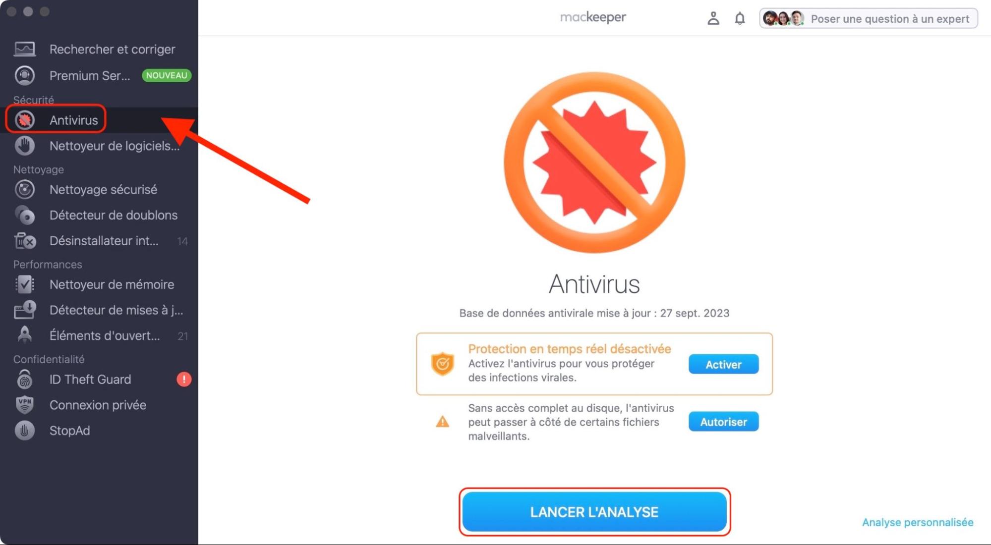 L'outil Antivirus de MacKeeper pour Mac. Cliquez sur Lancer l’analyse pour supprimer toute trace de logiciel malveillant de votre ordinateur.