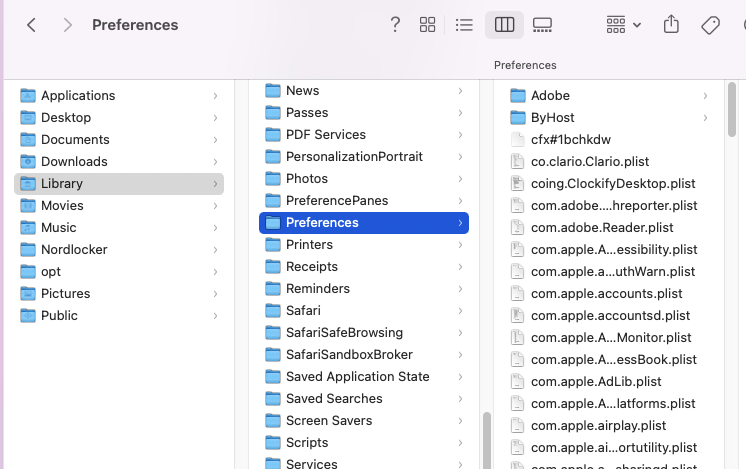 Navigating to Preferences folder in macOS.