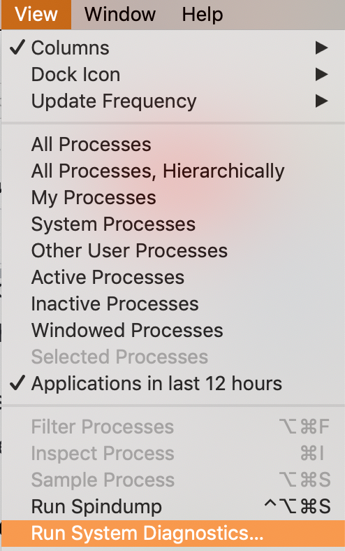 find the system diagnostics option in the view menu in activity monitor find the system diagnostics option in the view menu in activity monitor