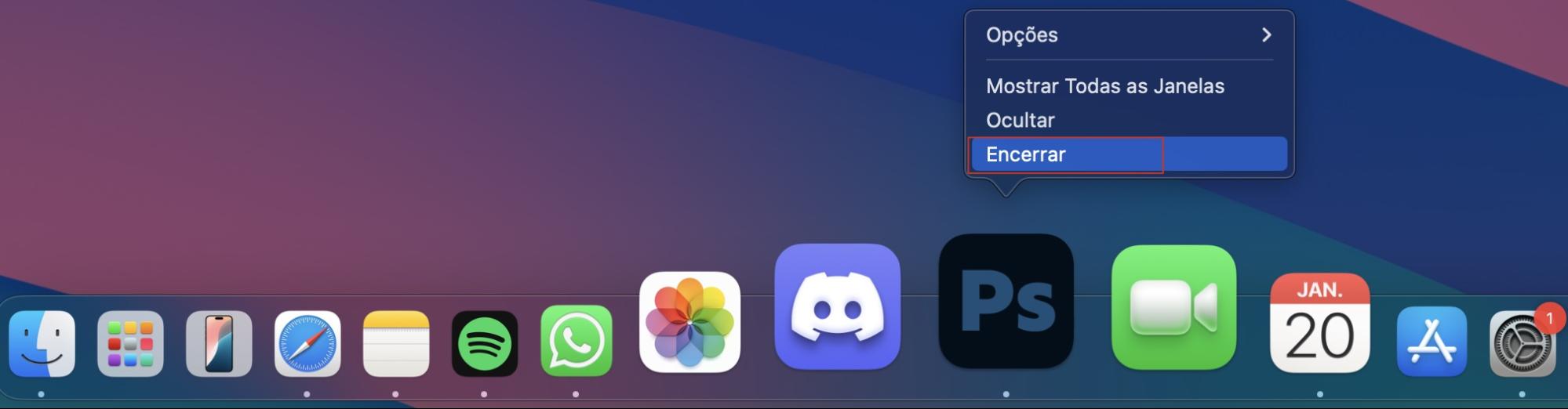 Feche os programas que você não precisa para garantir que o Finder funcione de forma mais eficiente no seu Mac. Toque em control + trackpad no app ou programa que deseja fechar e, em seguida, selecione Encerrar.