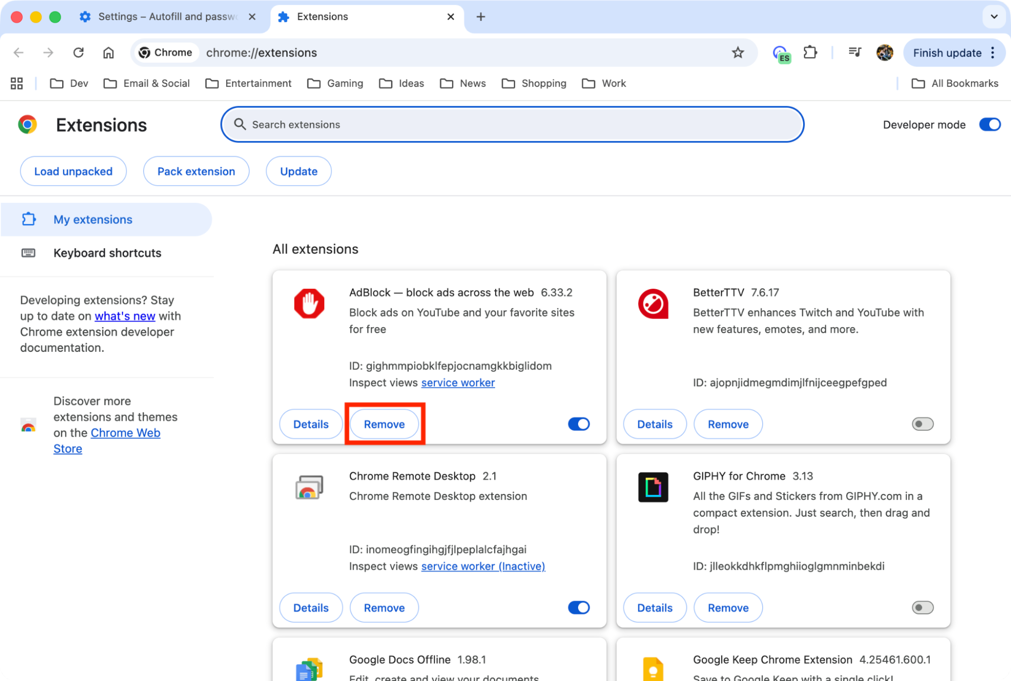 A list of installed extensions with a Remove button on Mac. If you're learning how to get Google Chrome on Mac most effectively, remember to manage your extensions.