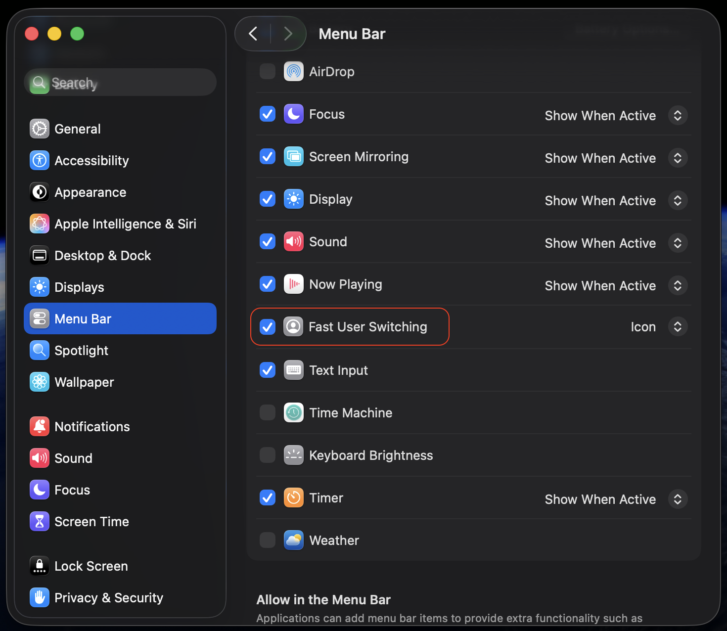 Control Center pane in System Settings on an iMac running macOS Sonoma showing the Fast User Switching options used to enable it in the menu bar.