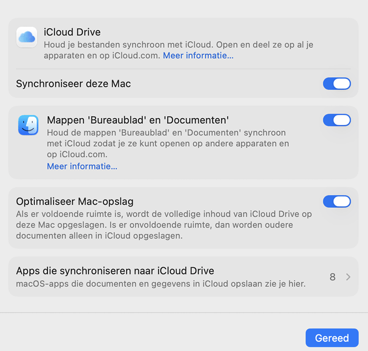 Na het selecteren van iCloud Drive kun je de synchronisatie uitschakelen door Synchroniseer deze Mac uit te zetten. Hierna stopt je apparaat met het synchroniseren van bestanden via iCloud en naar je andere apparaten.
