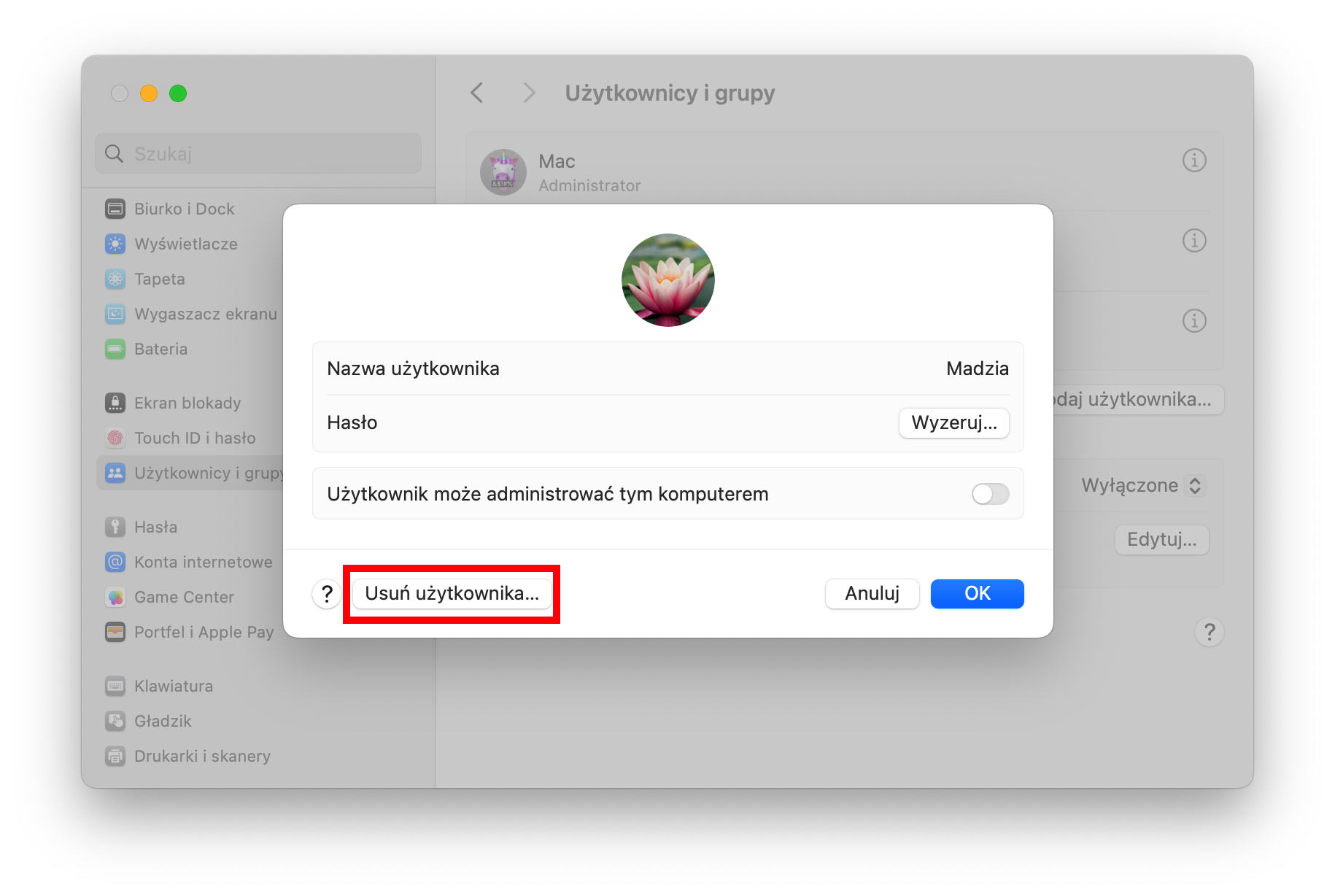 Aby usunąć niechciane konto użytkownika na macOS, kliknij przycisk Usuń użytkownika w nowym oknie.