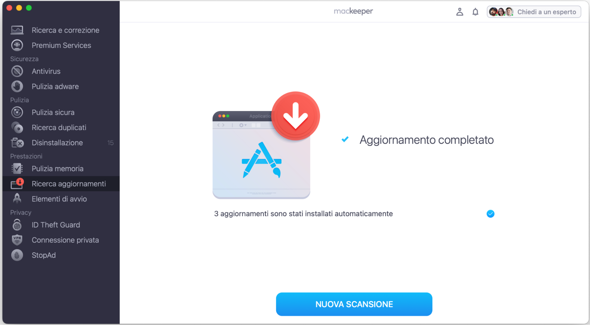Aggiornamento completato, ora le app sono aggiornate. Puoi effettuare una nuova scansione del tuo Mac per cercare altri aggiornamenti.