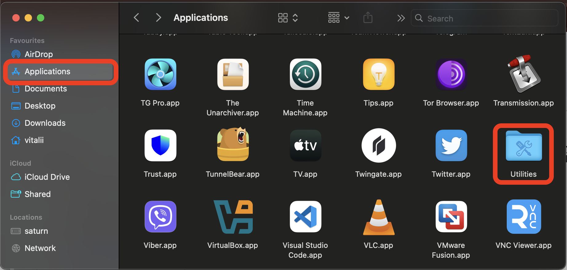 Finder Applications folder on macOS with the Utilities option highlighted, the first step to open Activity Monitor on an Apple computer.