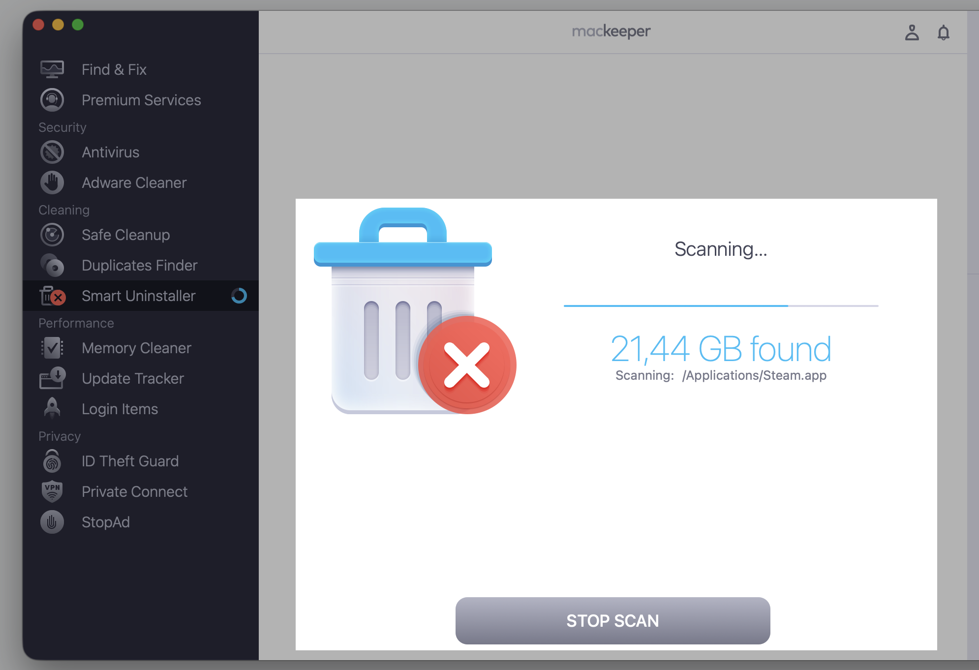 MacKeeper’s Smart Uninstaller scanning an Apple device, with the progress bar running before it lists ChatGPT Atlas for removal.
