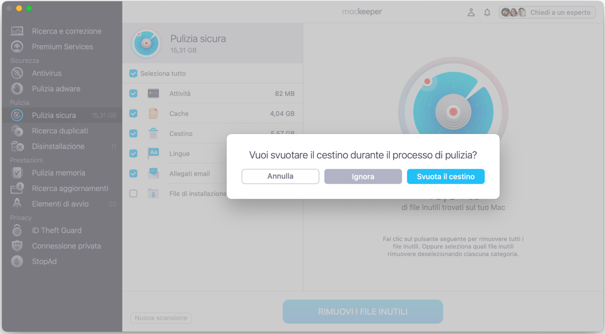 Conferma per svuotare il Cestino.