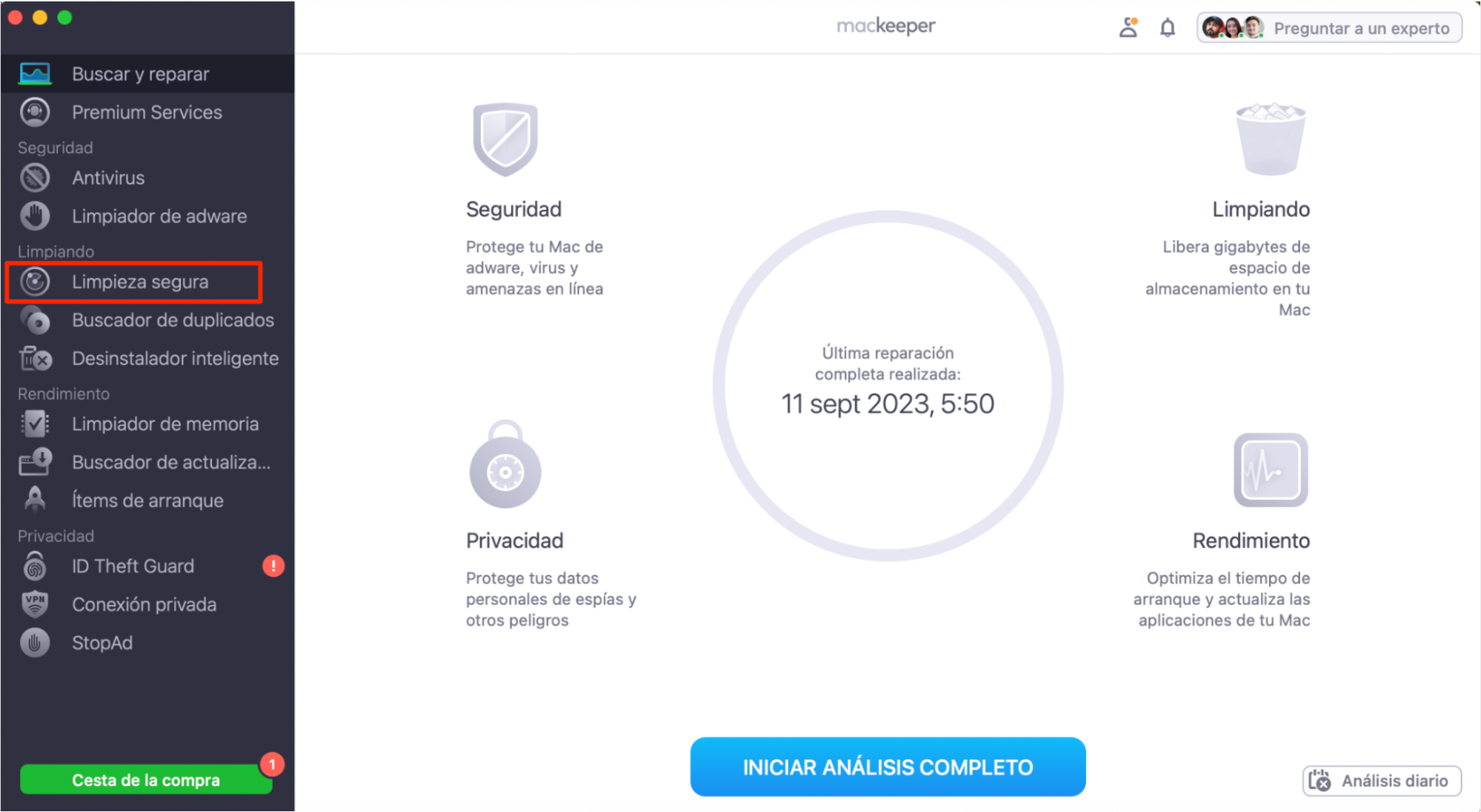 Página de inicio de MacKeeper Buscar y reparar, con Limpieza segura resaltado. Cómo arreglar servicio de cuentas quiere usar el llavero de inicio de sesión.