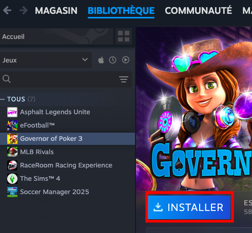 La Bibliothèque de Steam sur Mac affichant le bouton Installer du jeu. Cliquez sur Installer pour lancer le téléchargement et installer le jeu que vous souhaitez.