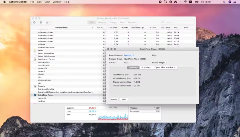 To stop screen recording forcefully on your Mac, first go to Finder, then find the Applications folder, select Utilities, launch Activity Monitor, find QuickTime Player, and click the X button.