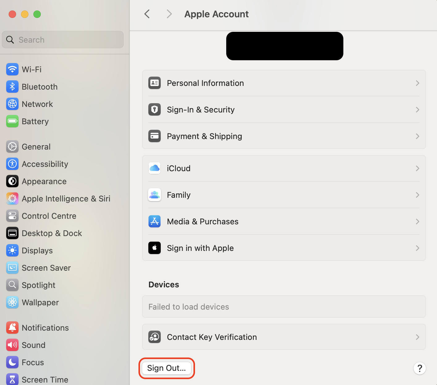 Open System Settings on your Mac, click your name in the sidebar, then scroll down and choose Sign Out to refresh your iCloud session completely.