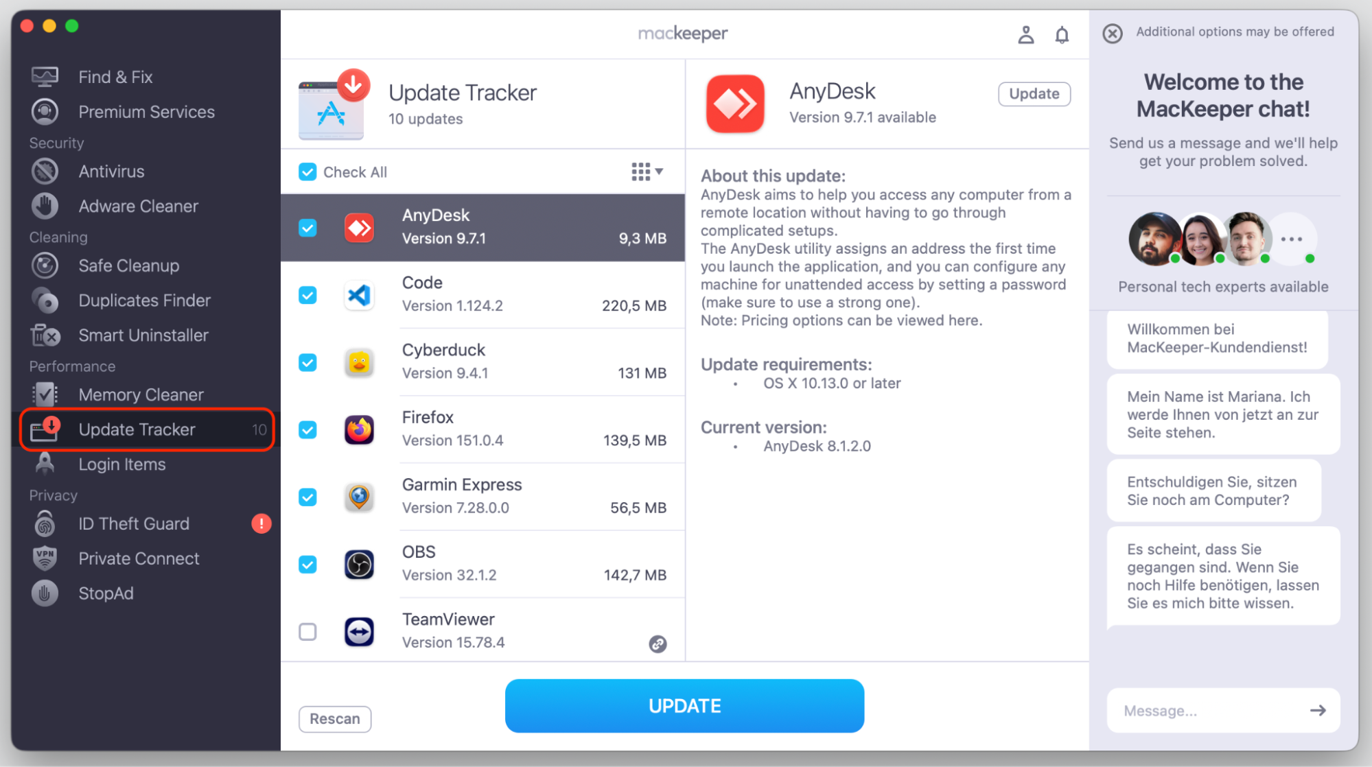 MacKeeper's Update Tracker window on a MacBook listing apps like AnyDesk with the Update button to fix the crashing app causing ReportCrash.