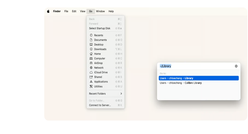 To open the Library via Finder’s Go to Folder, first launch Finder< click Go in the menu bar, then select Go to Folder from the dropdown menu, then type ~/Library in the text box that appears, and click Go or Return