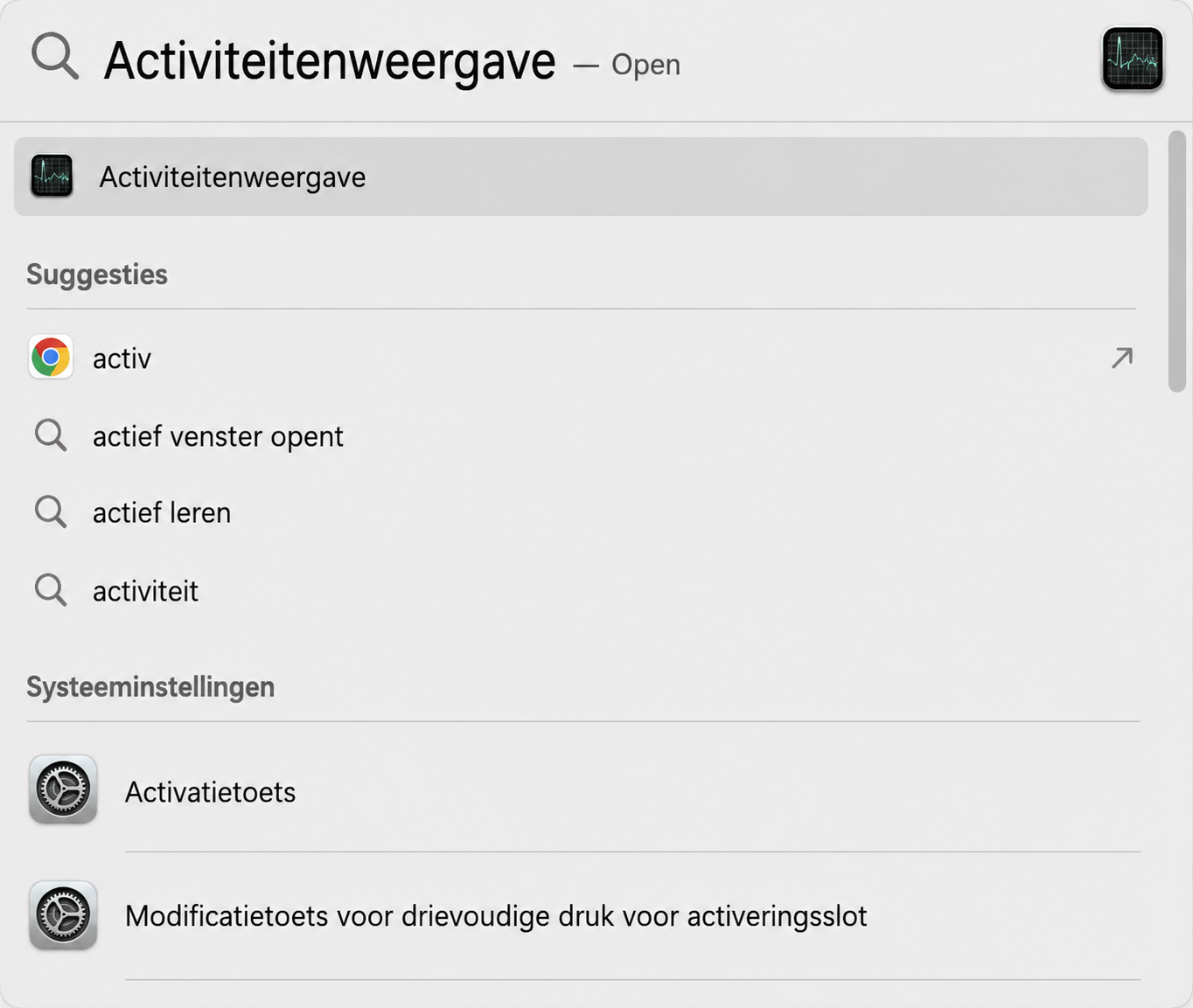 U kunt de Activiteitenweergave van uw Mac openen met Spotlight. Druk op Cmd+Spatiebalk en typ vervolgens 'Activiteitenweergave' om het te vinden.