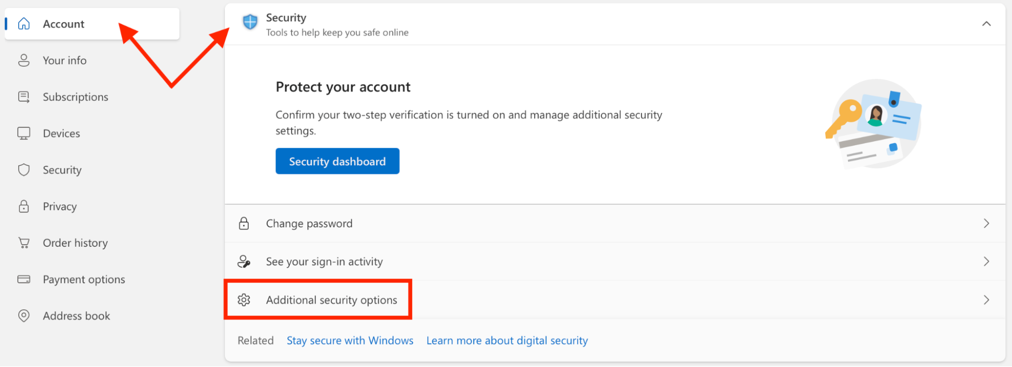 The Account > Security screen for Microsoft Exchange in Safari on Mac. Click Additional security options to create an app-specific passwork when you have Exchange password required errors.