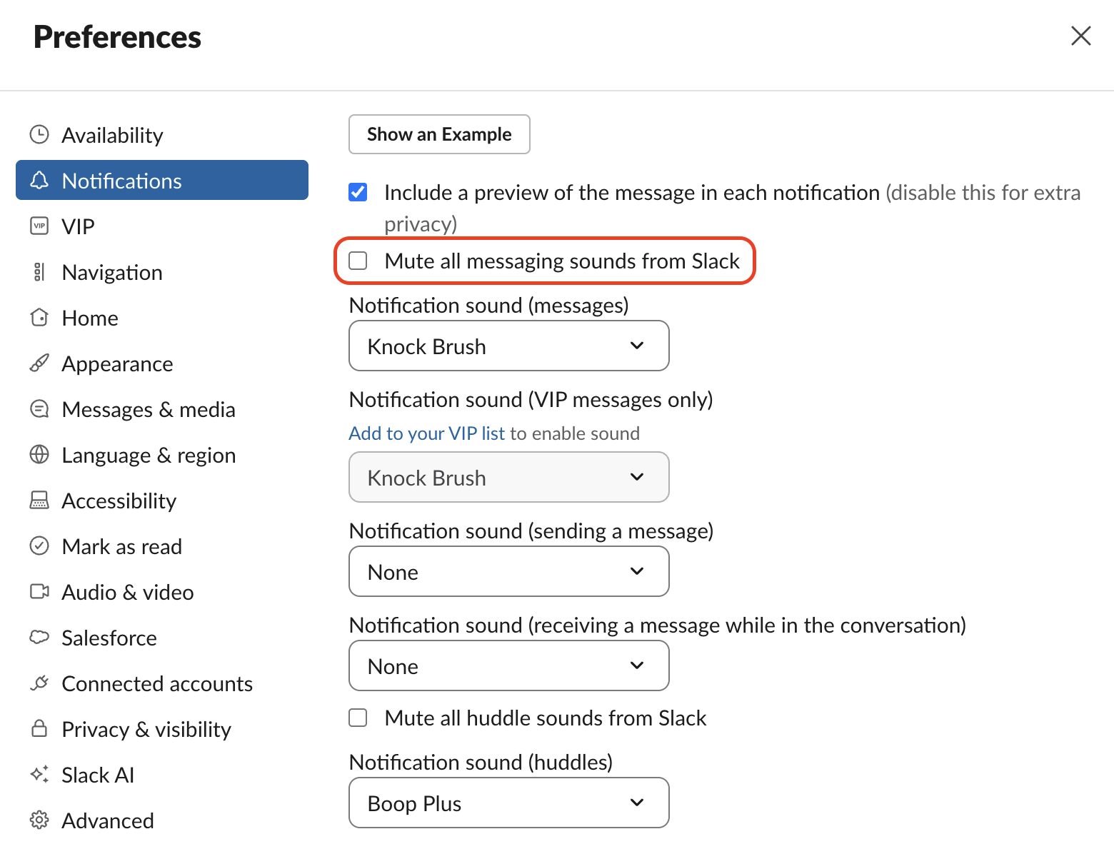 Scroll to Sound and appearance in Slack Preferences, deselect Mute all sounds from Slack, then pick a sound for each alert type.