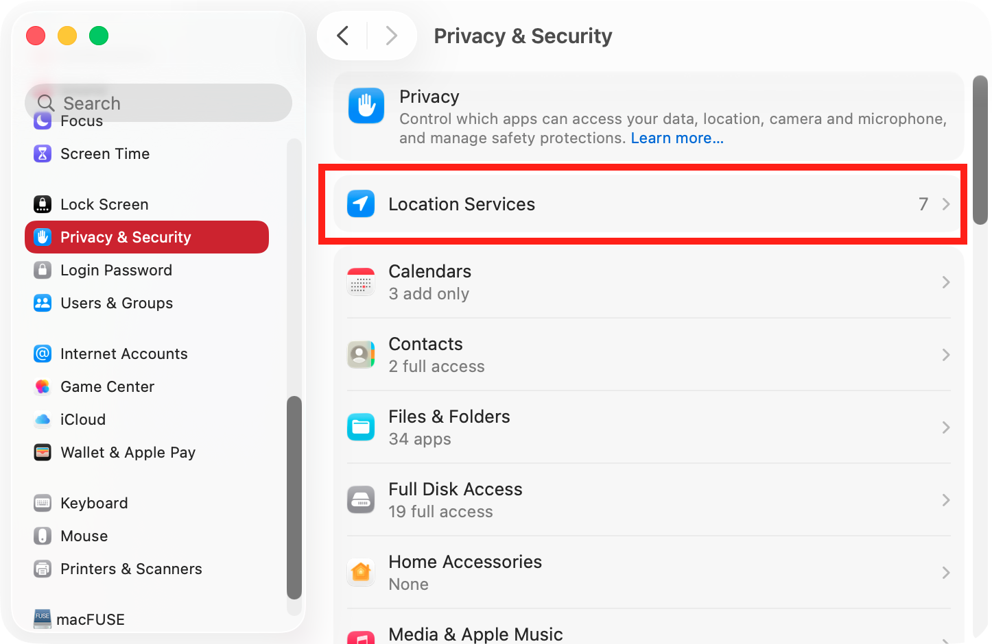 Changing your privacy and security settings can help with searchpartyuseragent high CPU issues. Go to System Settings > Privacy & Security > Location Services.