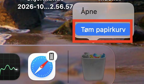 Hurtigmenyen for Papirkurv-ikonet i Dock på Mac. Når du vet hvordan du sjekker for skadelig programvare på Mac, kan du slette tilhørende filer og deretter tømme Papirkurven for å fjerne dem.