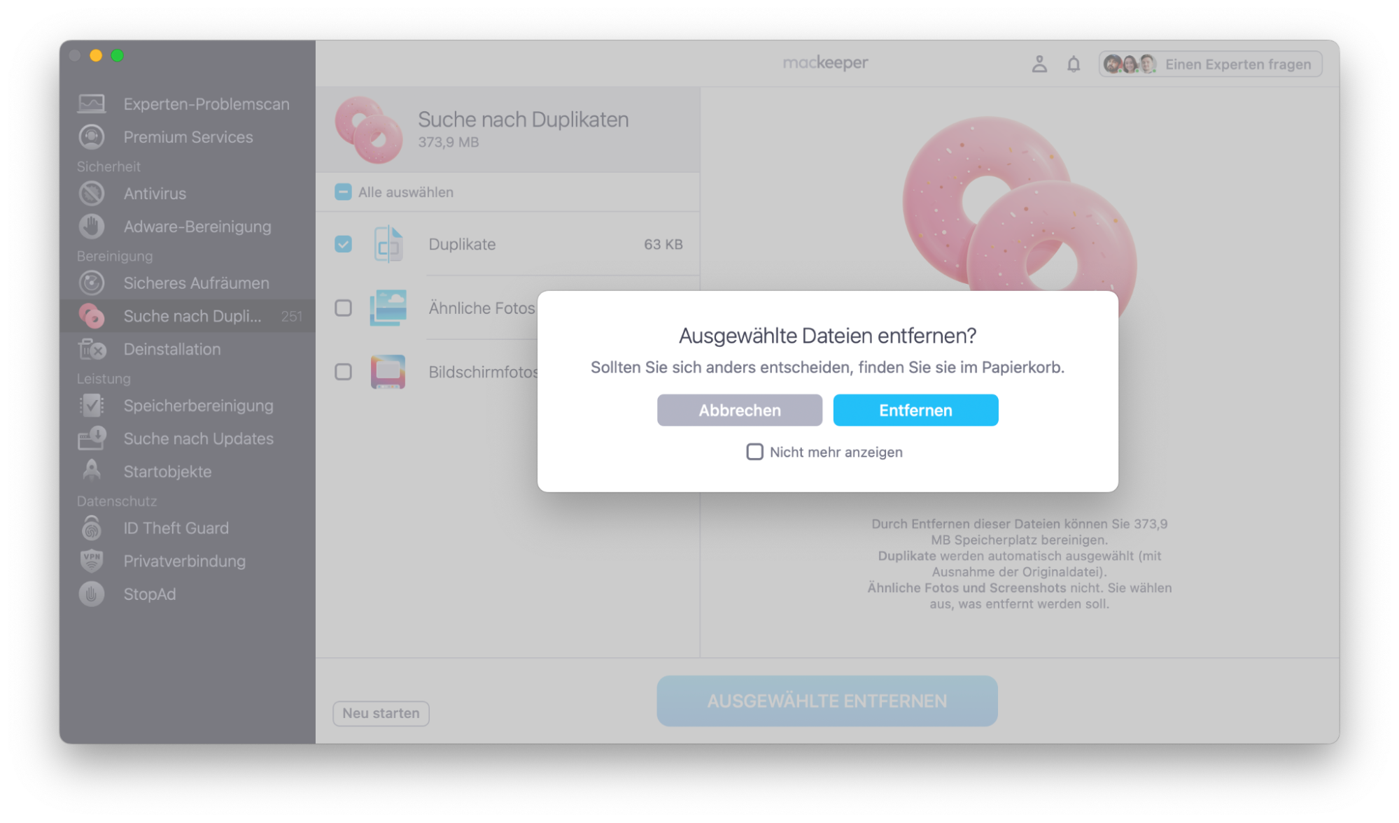 Klicken Sie auf Entfernen, um Ihre Entscheidung zu bestätigen. Die gelöschten Kopien finden Sie im Papierkorb.