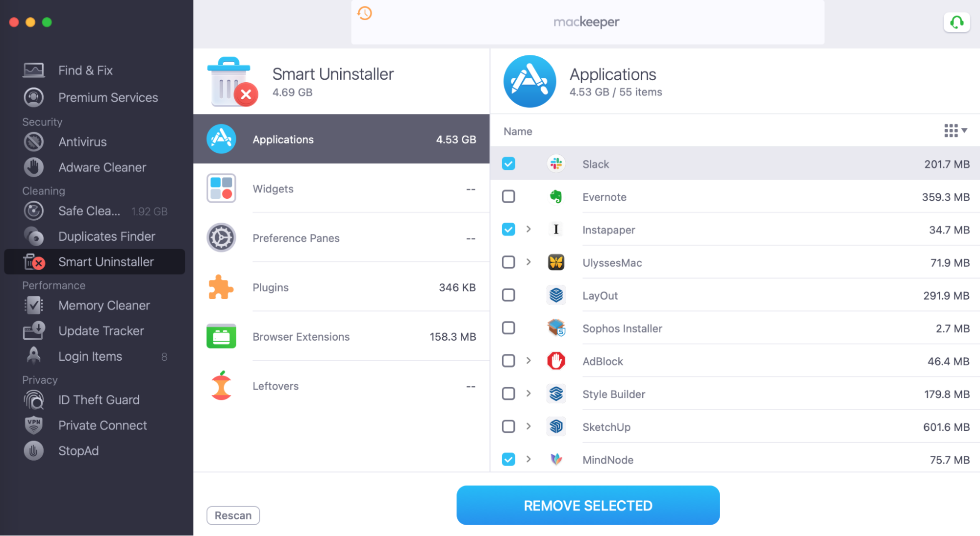 Once MacKeeper has finished its scan of your computer, you can look through the list of Applications and tick the ones you'd like to delete. Once your chosen apps have been selected, click the Remove Selected button.