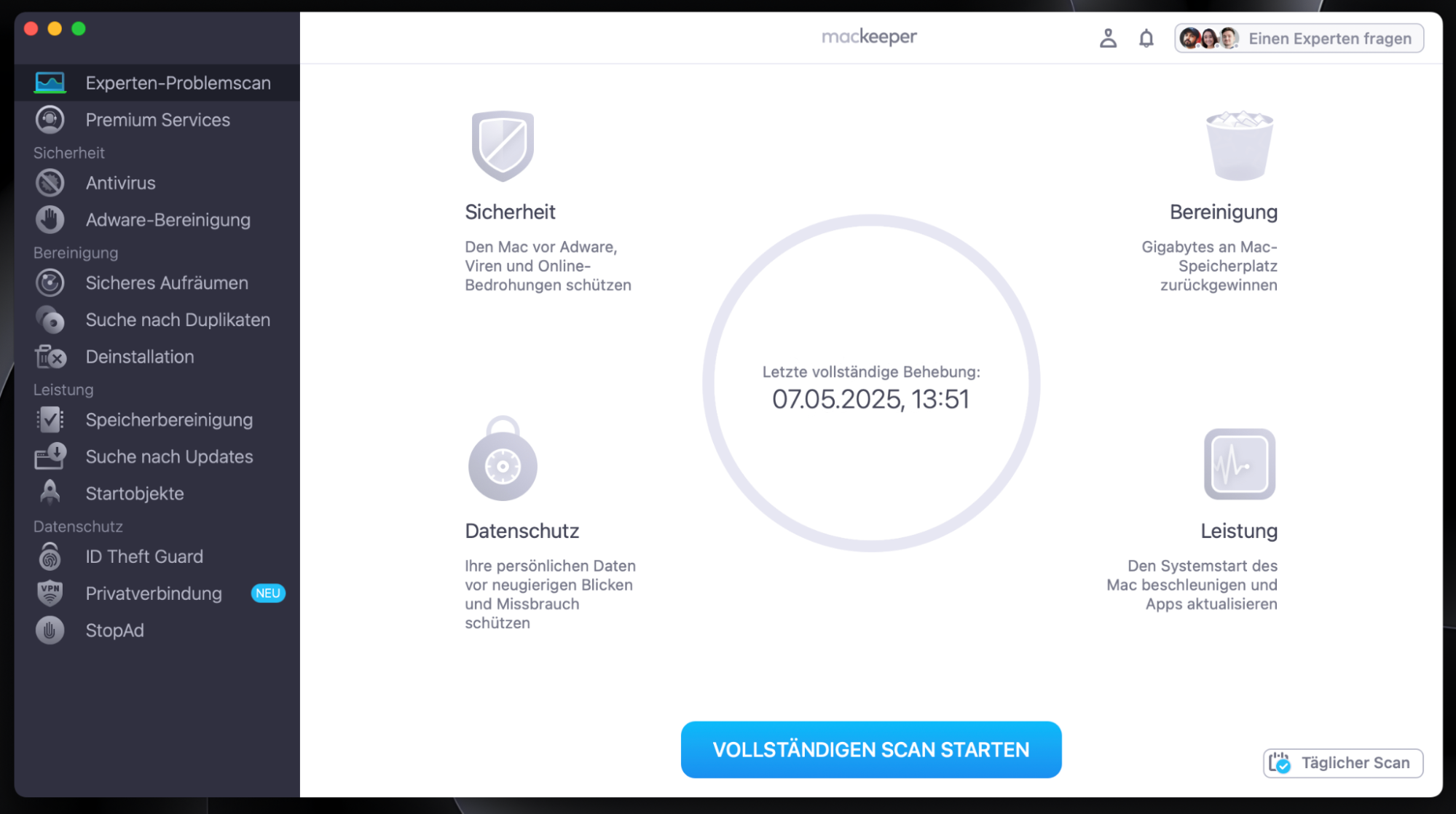 Um die Ursache des Problems zu ermitteln, scannen Sie Ihren Mac mit Hilfe der Funktion Expertenproblemscan von MacKeeper. Starten Sie MacKeeper, navigieren Sie zu Expertenproblemscan und klicken Sie auf Vollständiger Scan.