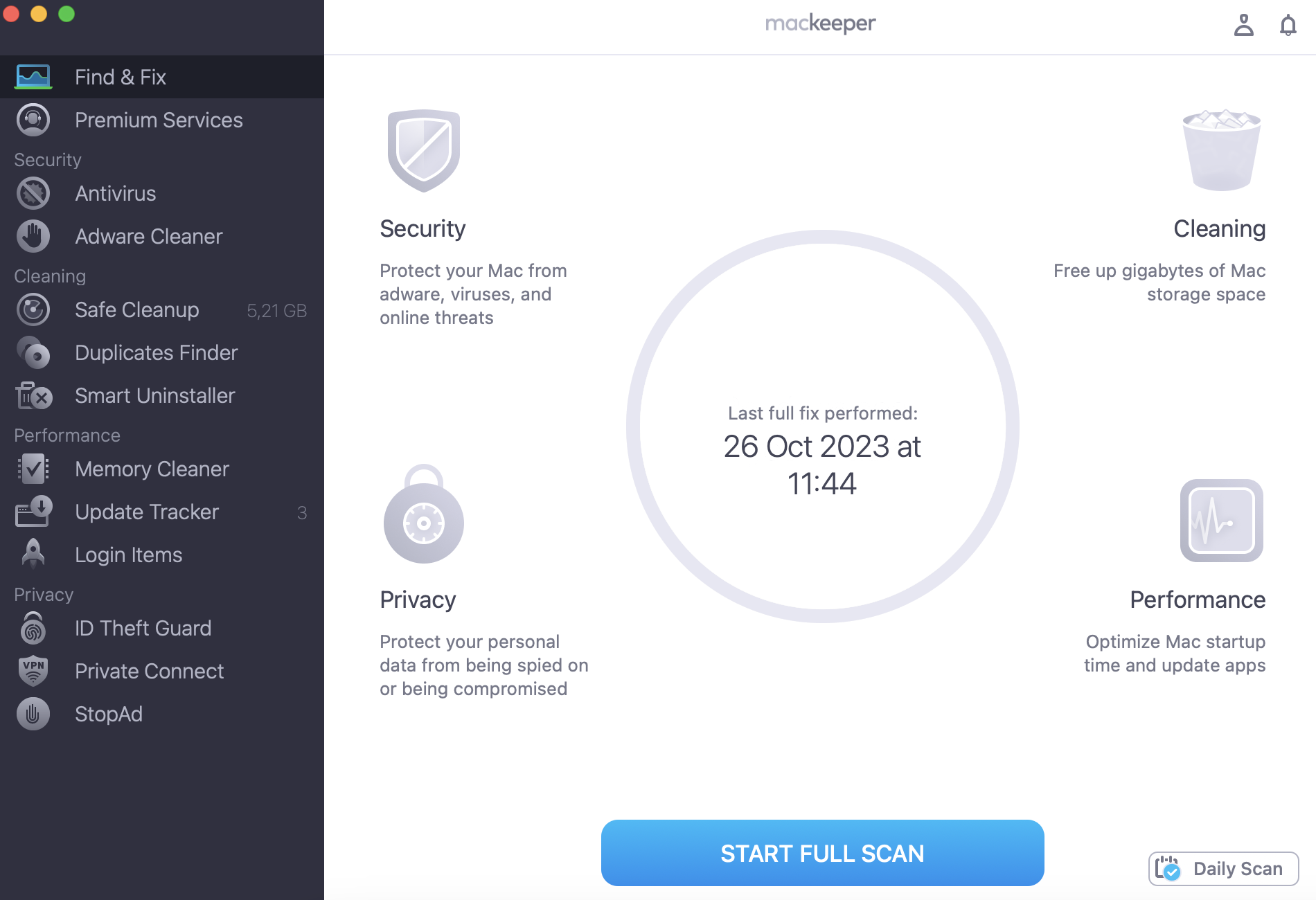 To reveal a Wi-Fi issue on your Mac, use MacKeeper's Fing & Fix tool. Launch MacKeeper and select Find & Fix on the left, and click Start Full Scan.