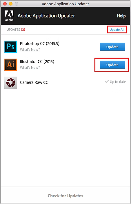 Open the Creative Cloud app from your Mac's menu bar, find Adobe Illustrator in the apps list, and click Update to install the latest version.