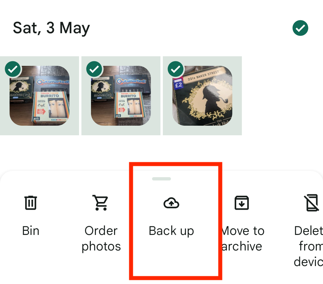 Instead of using automatic backup, you can manually back up your photos to Google Photos. Select one or more photos and then simply tap the 'Back up' now button at the bottom.