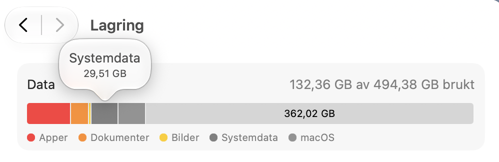 Siden macOS Sierra ble introdusert, har Annet-lagring-etiketten blitt endret til Systemdata-etiketten. Så når du holder musepekeren over de ulike fargede delene på lagringsdiagrammet, se etter Systemdata i stedet for Annet.