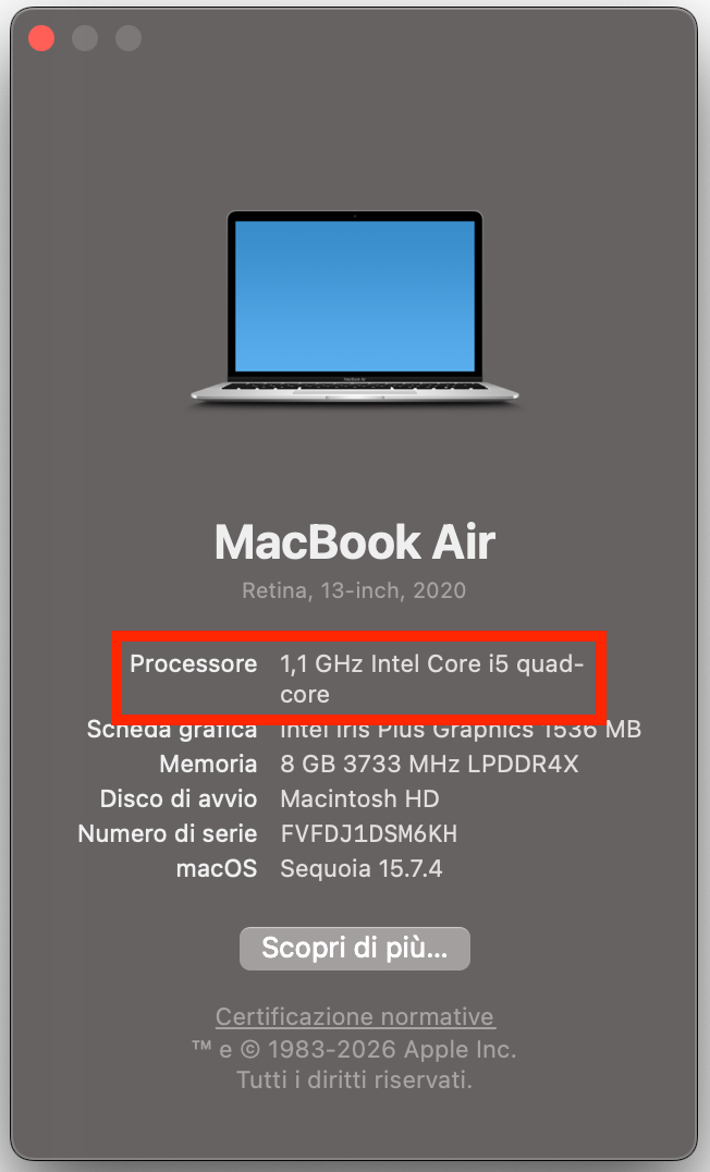 Per avviare il Mac in modalità provvisoria, identifica prima il tipo di Mac controllando la sezione del processore. Qui vedrai se il tuo Mac è basato su Intel o usa Apple Silicon.