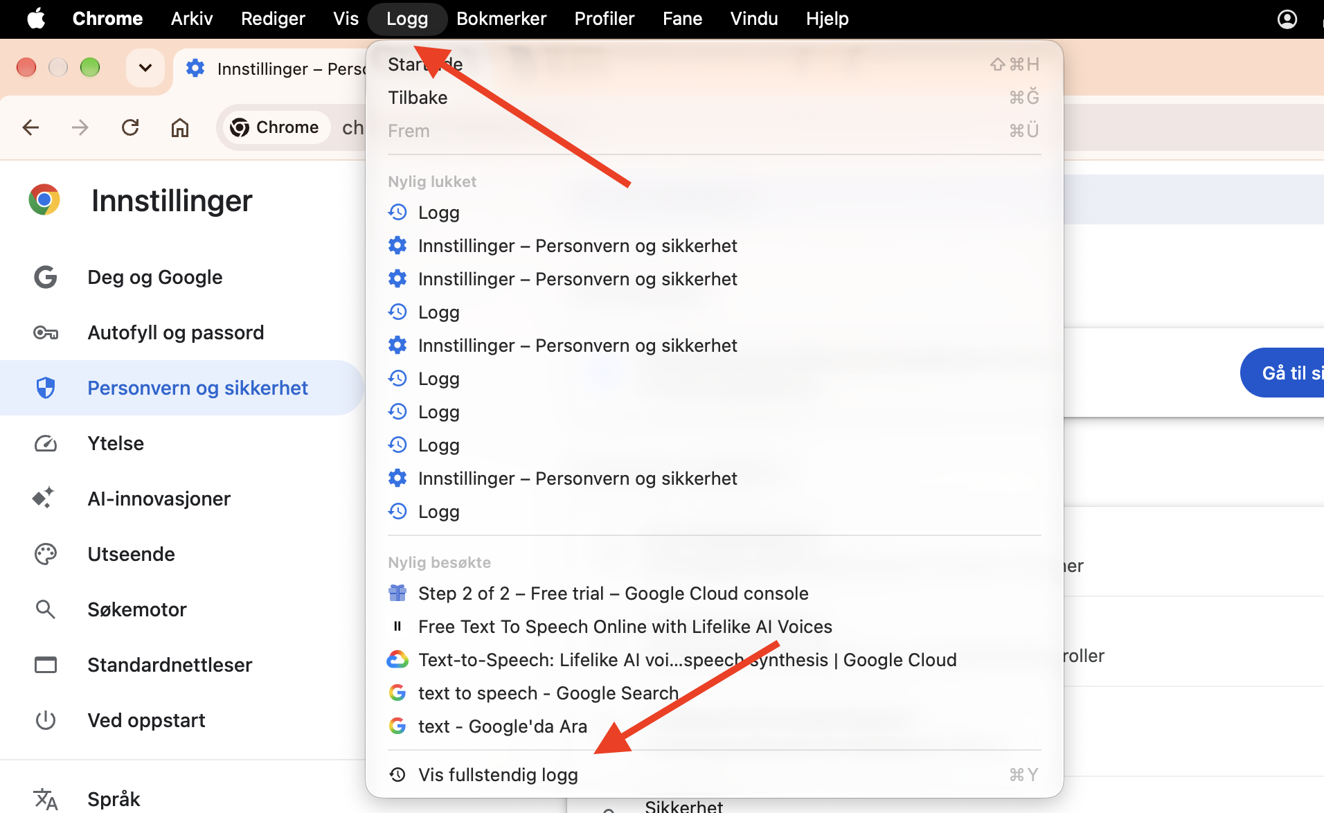 Google Chrome på Mac viser Logg-menyen. Klikk på Vis fullstendig logg for å tømme bufferen i Google Chrome.