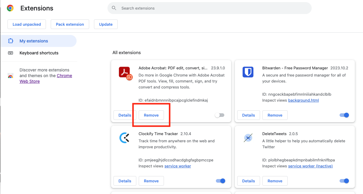 To remove an extension from Chrome, find it in the list, then click the 'Remove' button. Confirm removal, and then it will be gone.