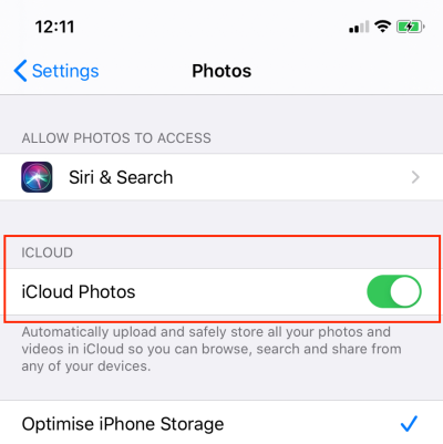 turn on icloud photos on iphone in icloud settings