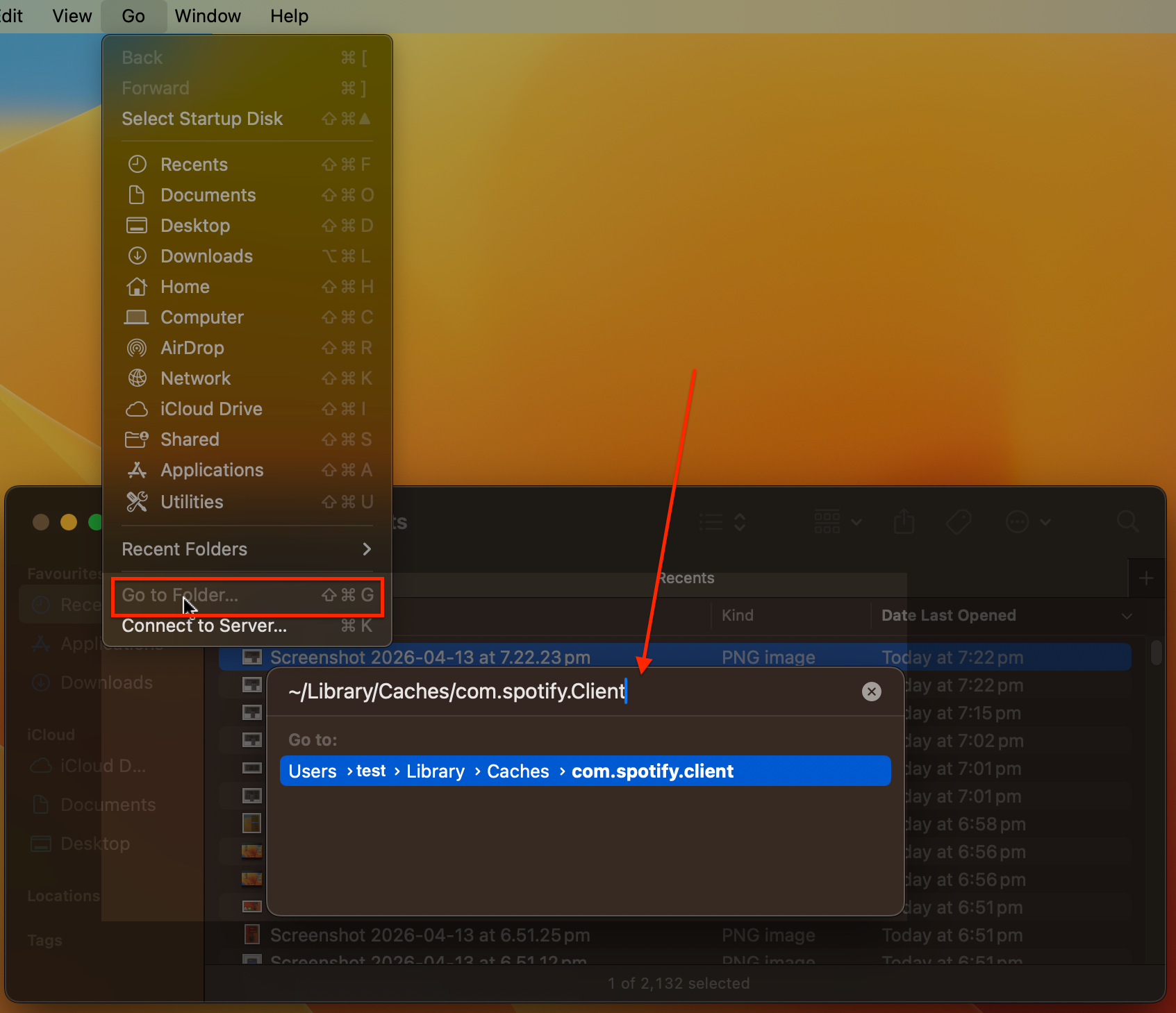 Finder's Go menu and Go to Folder dialog on macOS with the path ~/Library/Caches/com.spotify.Client pasted to open the cache folder.