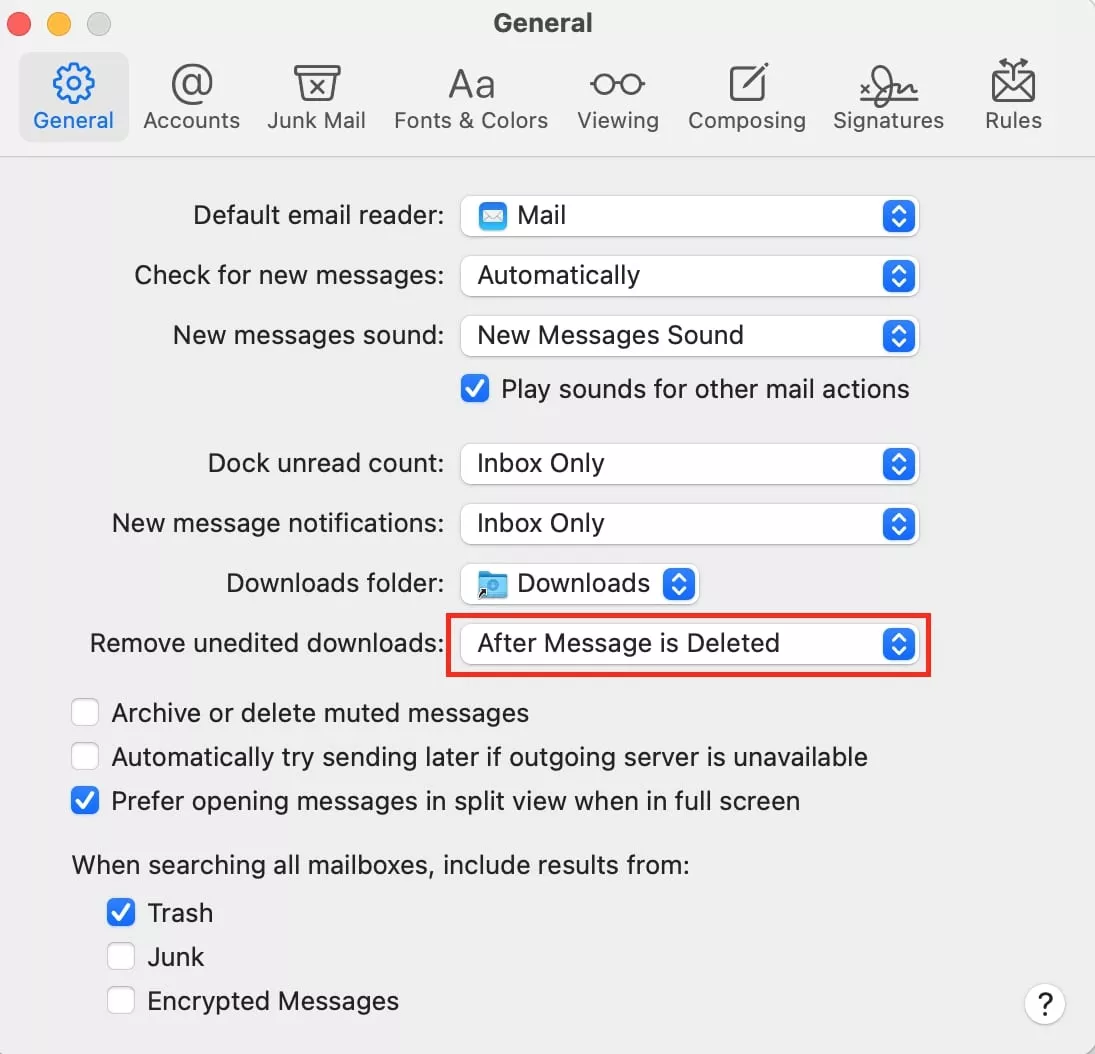 mail app preferences general tab
